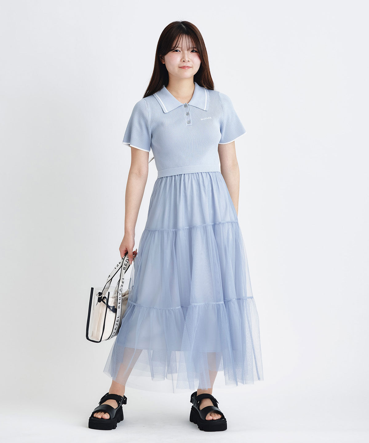 REDYAZEL「ポロニットチュールティアードドッキングロングワンピース」|ワンピース|