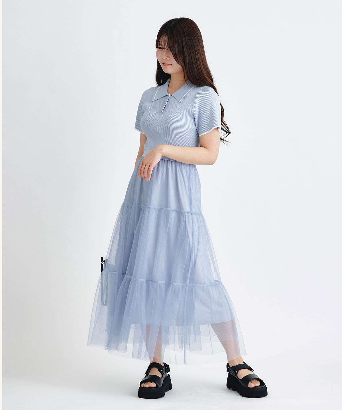 REDYAZEL「ポロニットチュールティアードドッキングロングワンピース」|ワンピース|