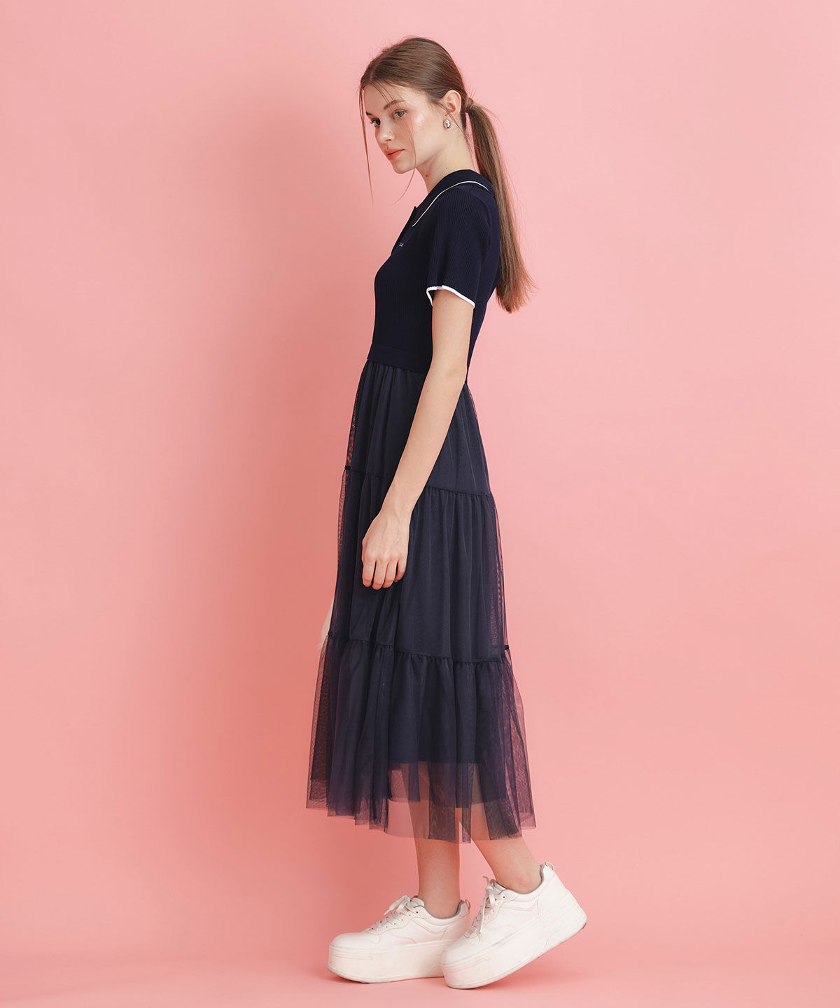 REDYAZEL「ポロニットチュールティアードドッキングロングワンピース」|ワンピース|