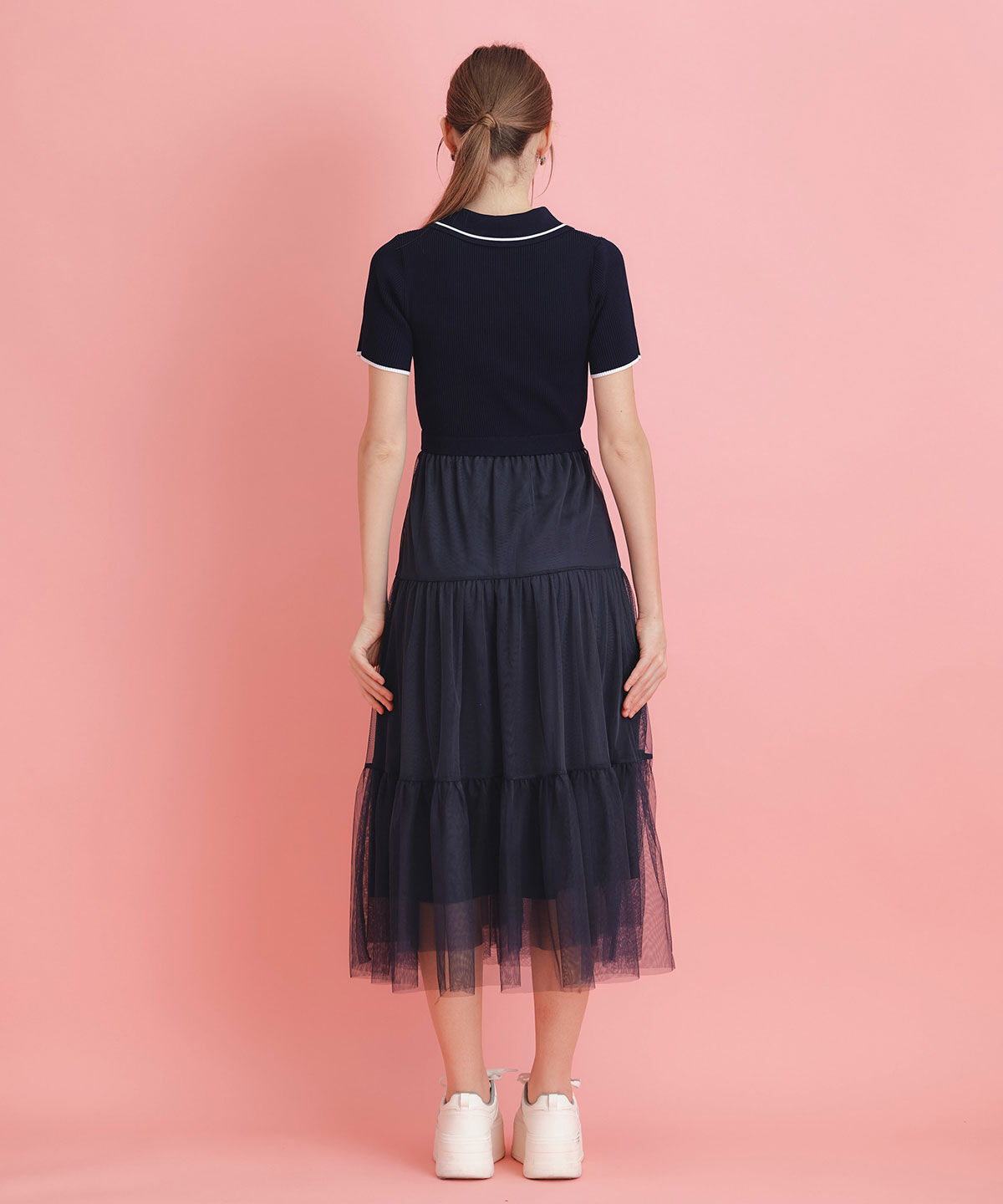 REDYAZEL「ポロニットチュールティアードドッキングロングワンピース」|ワンピース|