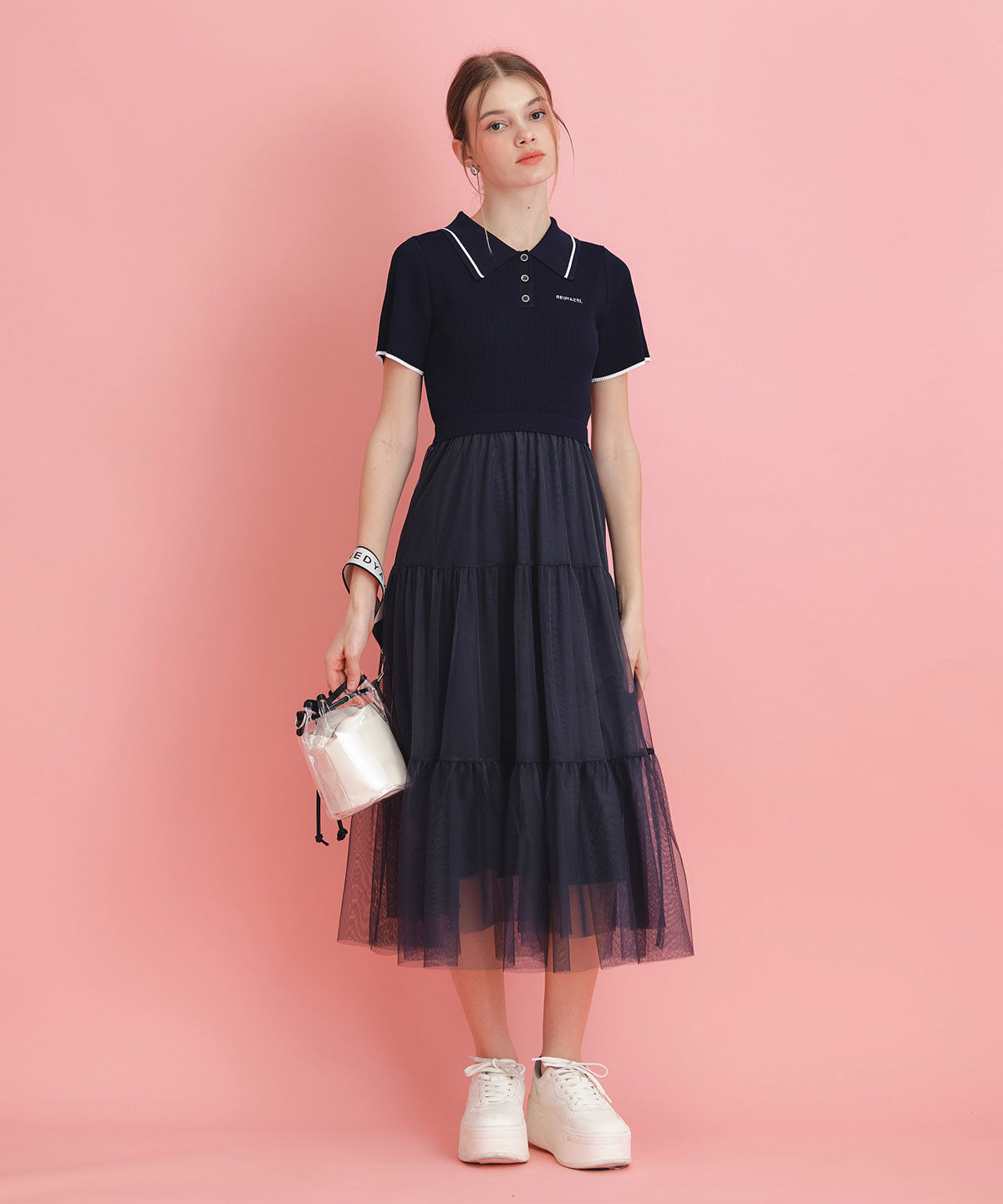 REDYAZEL「ポロニットチュールティアードドッキングロングワンピース」|ワンピース|