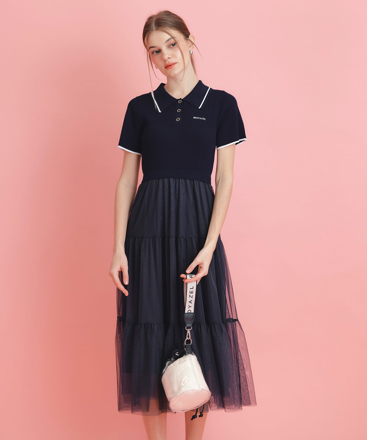 REDYAZEL「ポロニットチュールティアードドッキングロングワンピース」|ワンピース|