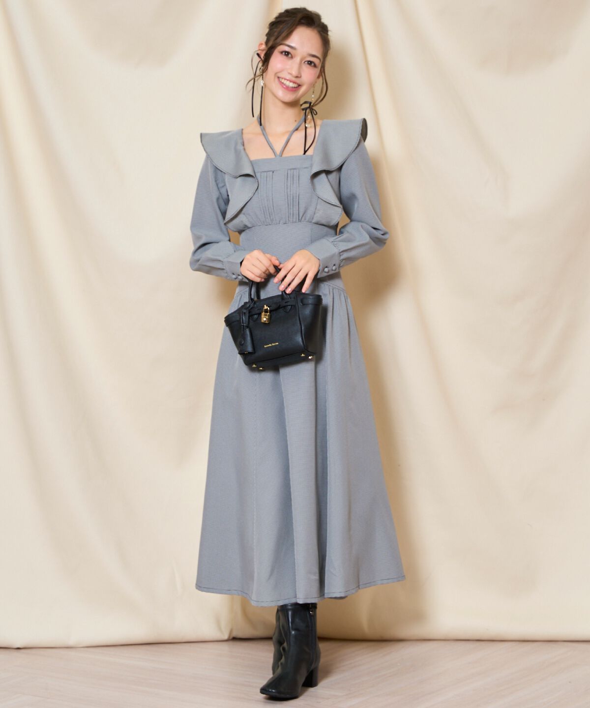 WILLSELECTION「ネックリボンギャザー切り替えワンピース」|ワンピース|黒系チェック