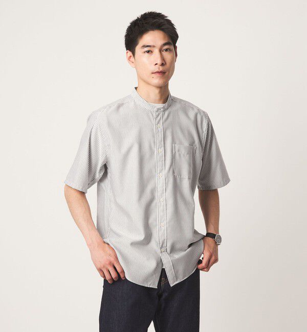 UNITED ARROWS green label relaxing「W/R オックスフォード ストライプ バンドカラー 半袖 シャツ」|シャツ・ブラウス|