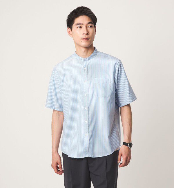 UNITED ARROWS green label relaxing「W/R オックスフォード ストライプ バンドカラー 半袖 シャツ」|シャツ・ブラウス|