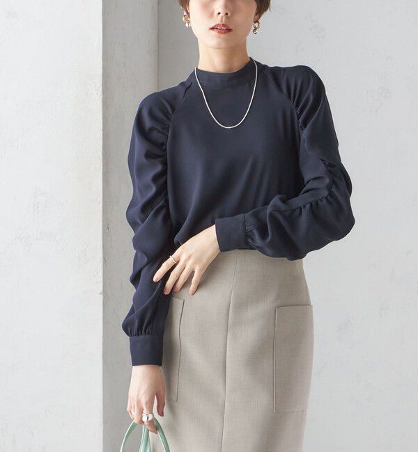SHIPS for women「〈手洗い可能〉ストレッチ ジョーゼット 袖 ギャザー ブラウス」|シャツ・ブラウス|ネイビー