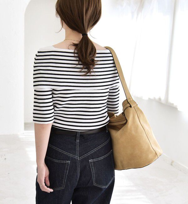 quaranciel「quaranciel:〈洗濯機可能〉オフショルダー ハーフスリーブ リブ ニット」|ニット・セーター|ブラック