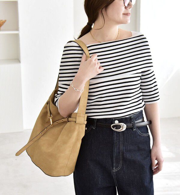 quaranciel「quaranciel:〈洗濯機可能〉オフショルダー ハーフスリーブ リブ ニット」|ニット・セーター|