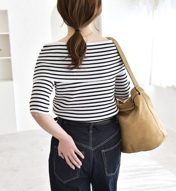 quaranciel「quaranciel:〈洗濯機可能〉オフショルダー ハーフスリーブ リブ ニット」|ニット・セーター|