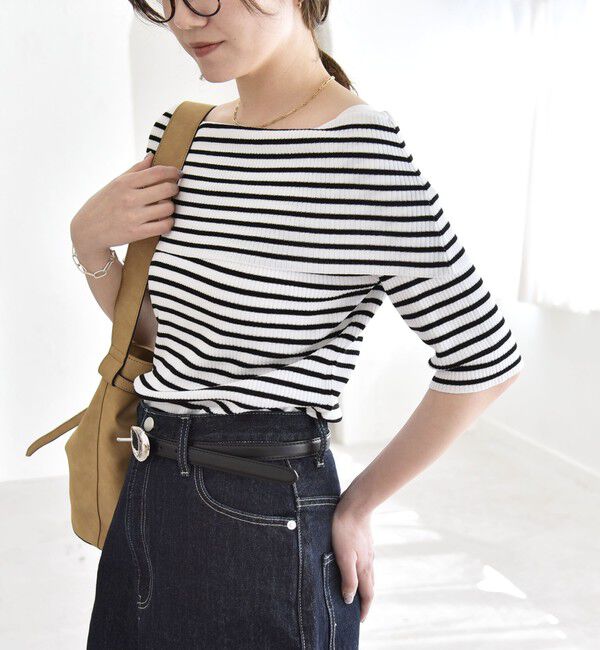 quaranciel「quaranciel:〈洗濯機可能〉オフショルダー ハーフスリーブ リブ ニット」|ニット・セーター|