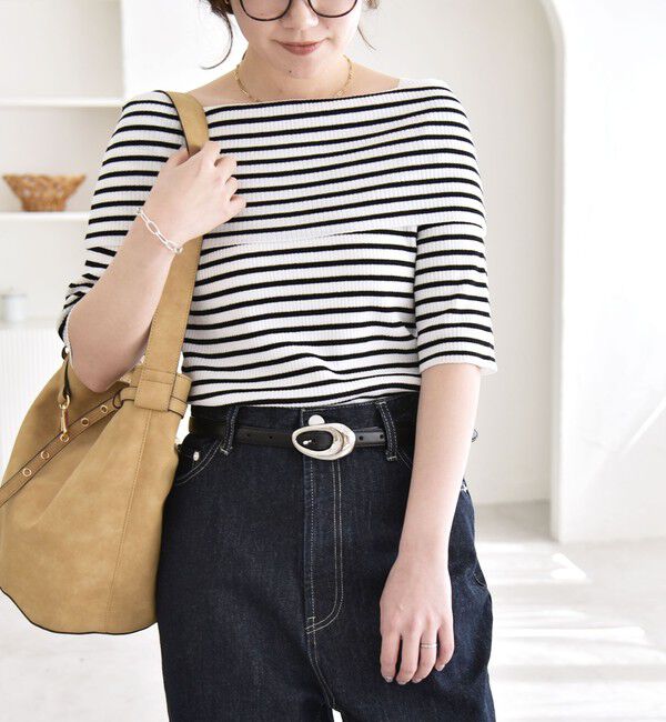 quaranciel「quaranciel:〈洗濯機可能〉オフショルダー ハーフスリーブ リブ ニット」|ニット・セーター|