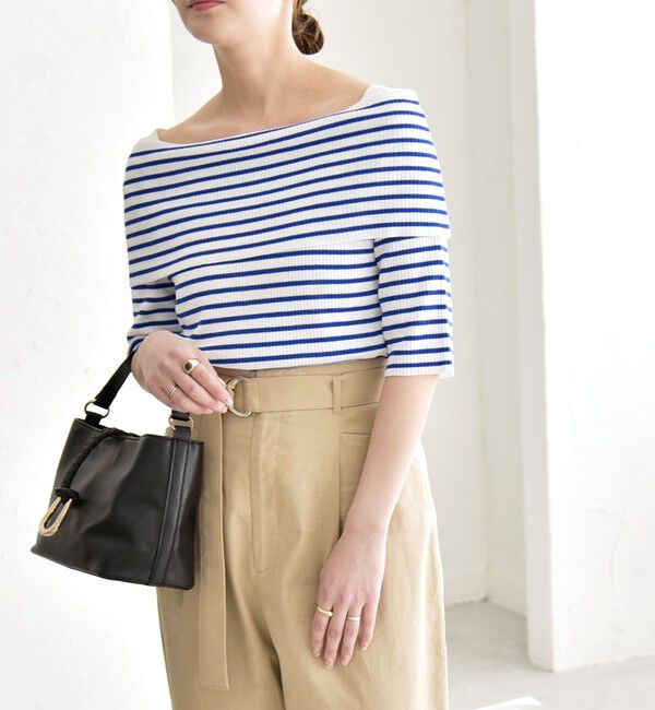 quaranciel「quaranciel:〈洗濯機可能〉オフショルダー ハーフスリーブ リブ ニット」|ニット・セーター|