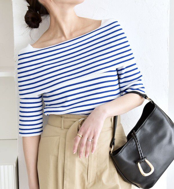 quaranciel「quaranciel:〈洗濯機可能〉オフショルダー ハーフスリーブ リブ ニット」|ニット・セーター|