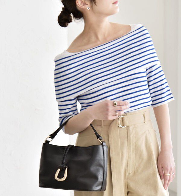 quaranciel「quaranciel:〈洗濯機可能〉オフショルダー ハーフスリーブ リブ ニット」|ニット・セーター|