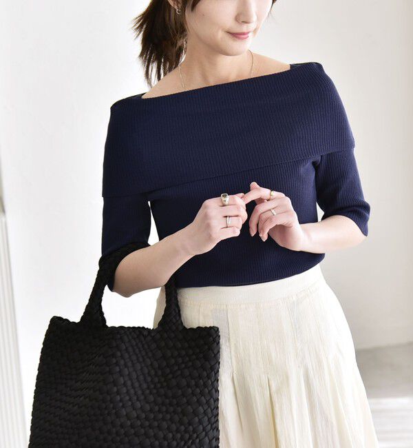 quaranciel「quaranciel:〈洗濯機可能〉オフショルダー ハーフスリーブ リブ ニット」|ニット・セーター|ネイビー