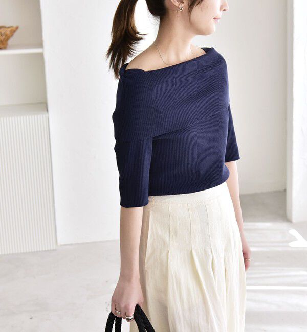 quaranciel「quaranciel:〈洗濯機可能〉オフショルダー ハーフスリーブ リブ ニット」|ニット・セーター|