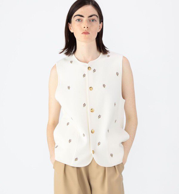 CABaN「CABaN コットンカシミヤ フラワーエンブロイダリー クルーネックベスト」|ベスト・ジレ|
