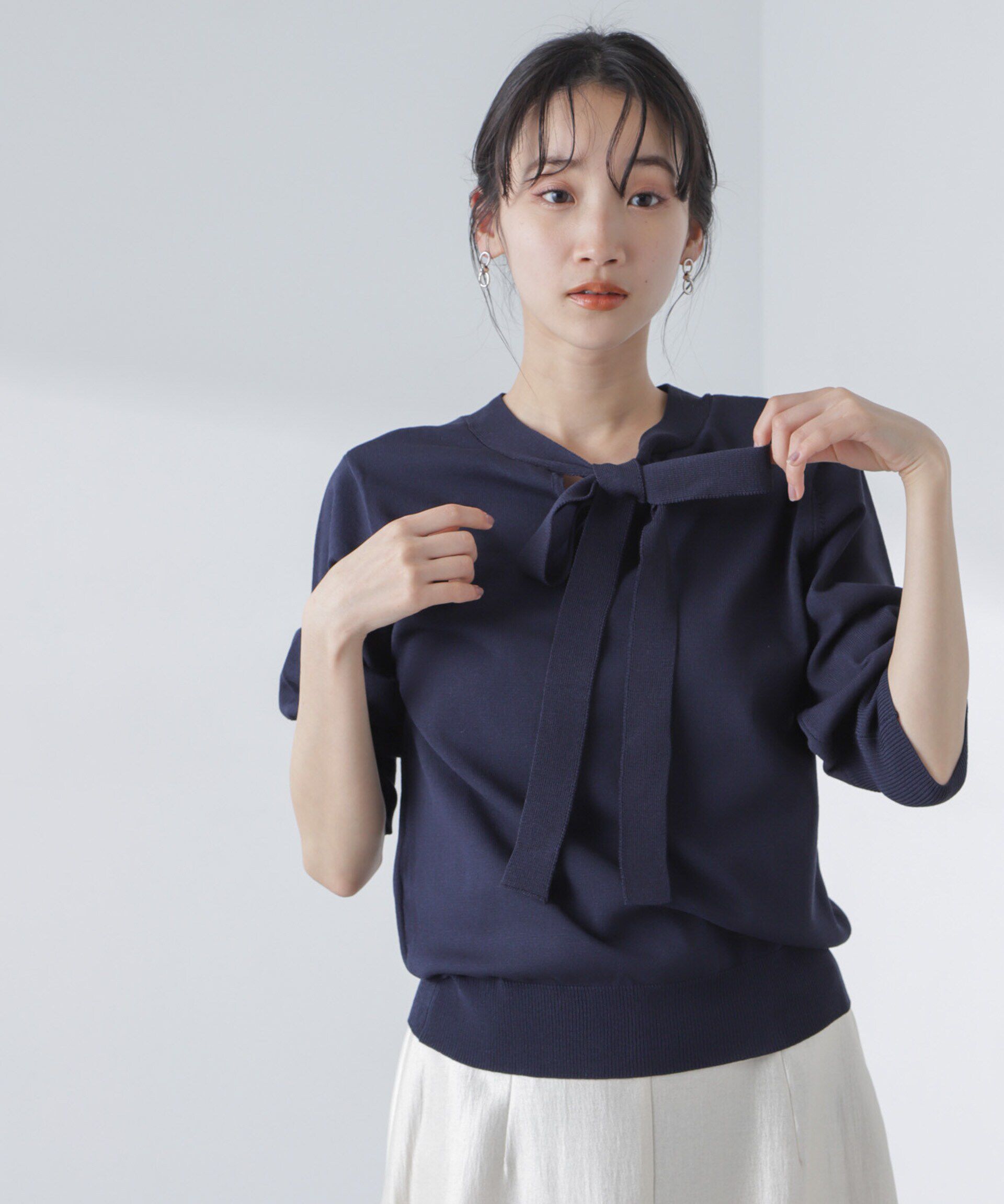 nano･universe「前後2wayボータイ半袖サマーニット」|ニット・セーター|ネイビー