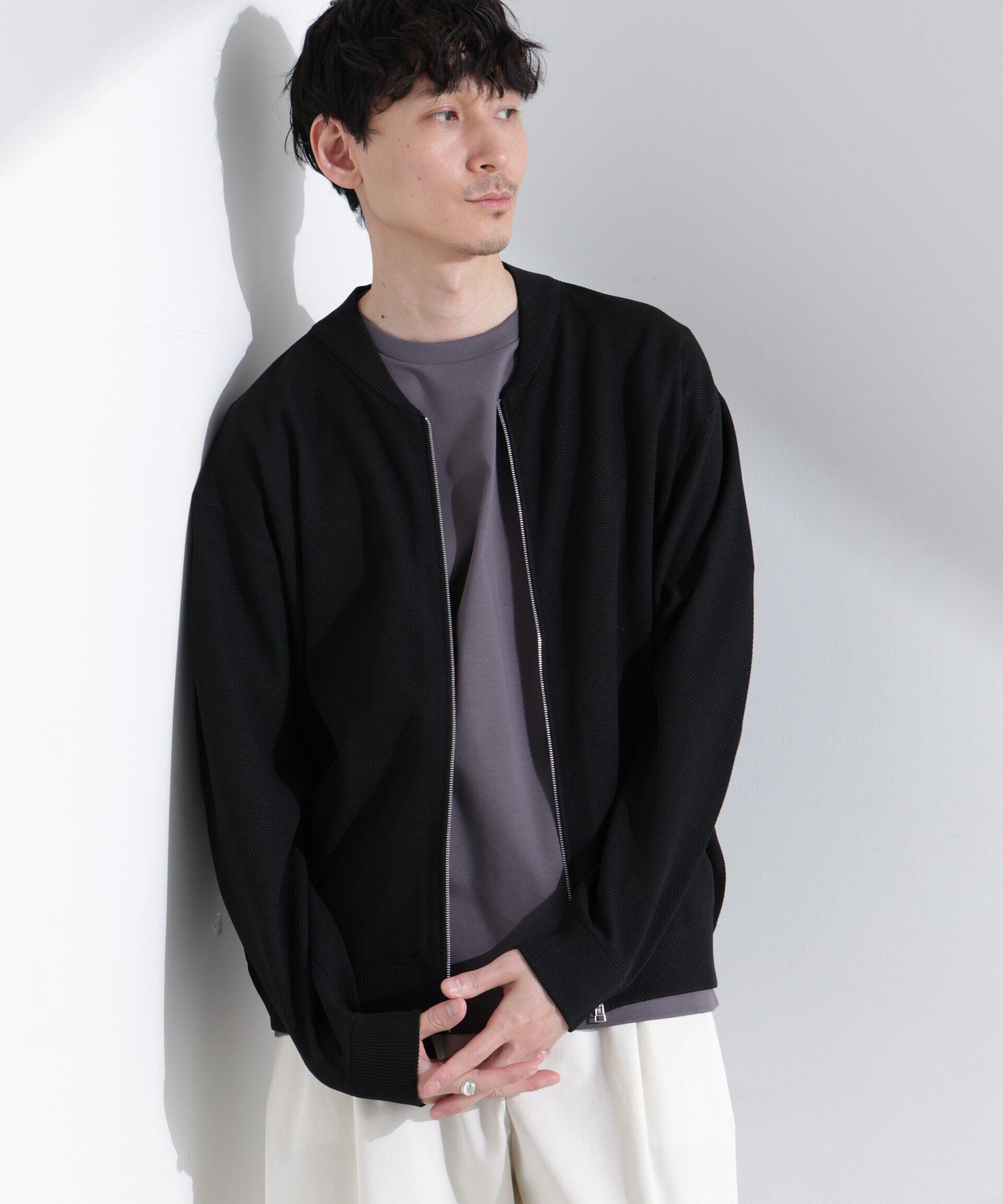 nano･universe「エアニットジップブルゾン」|ブルゾン・スタジャン|ブラック