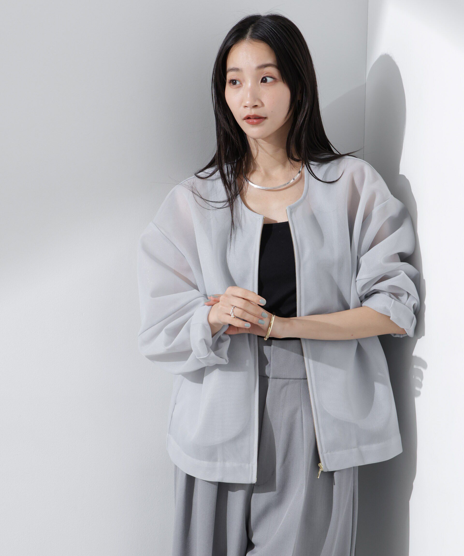 nano･universe「シアーダンボールカットノーカラーZIPupジャケット」|テーラードジャケット|