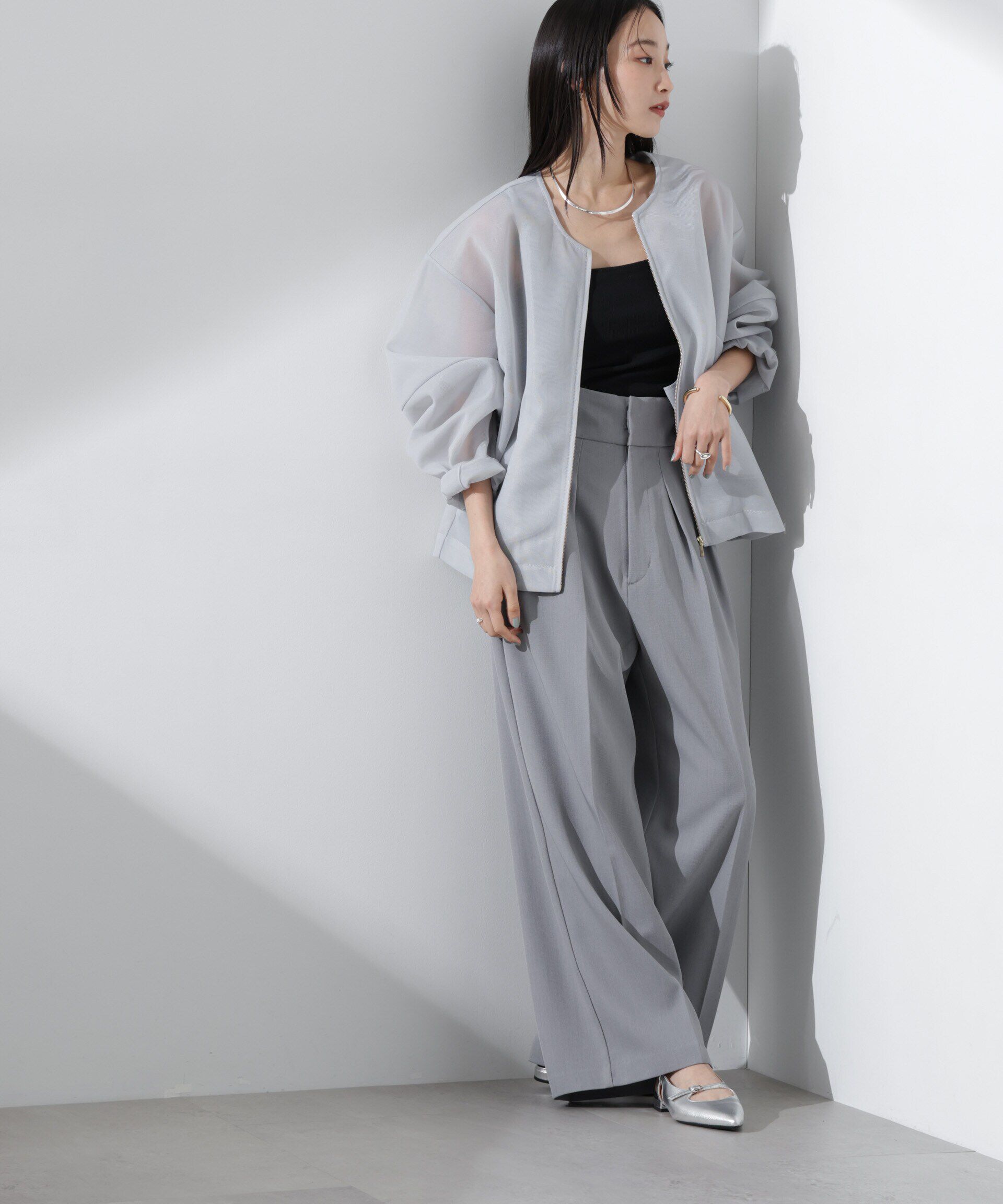 nano･universe「シアーダンボールカットノーカラーZIPupジャケット」|テーラードジャケット|