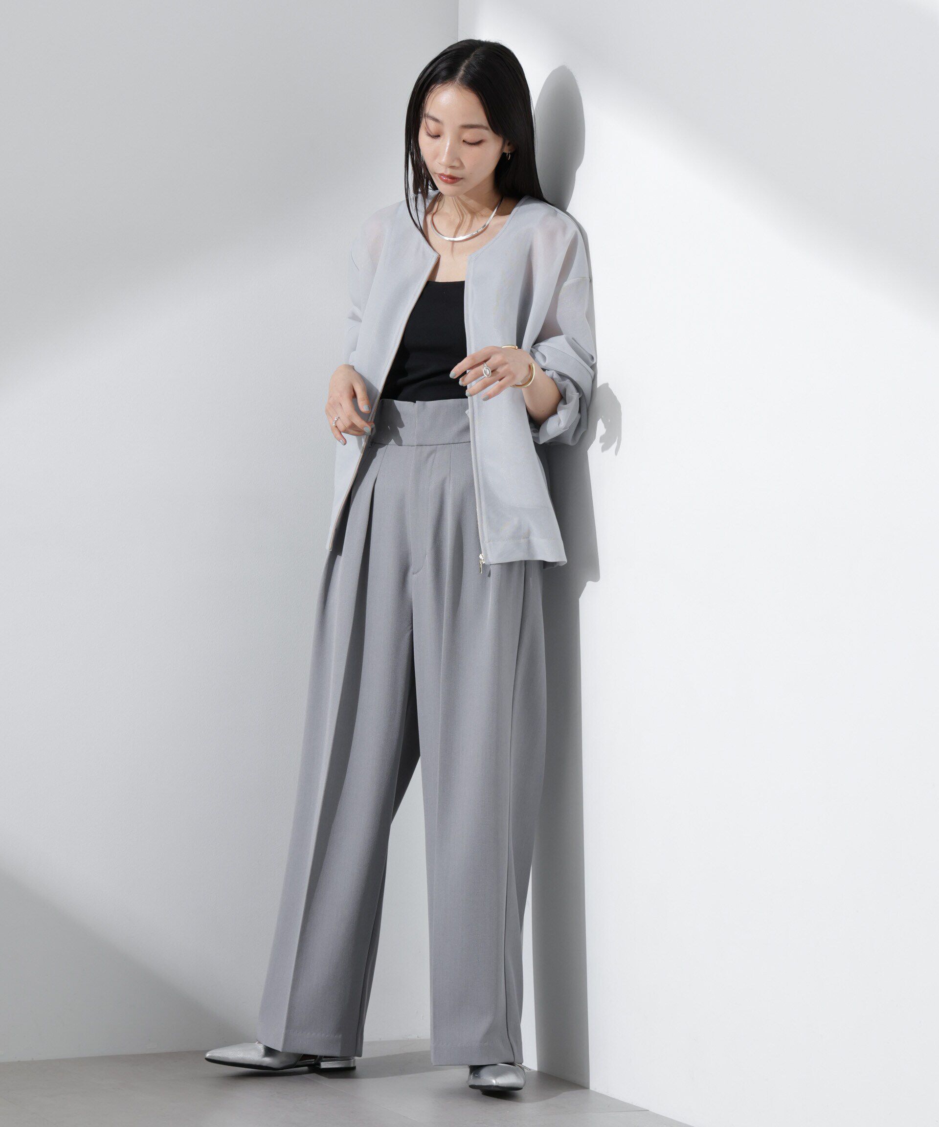 nano･universe「シアーダンボールカットノーカラーZIPupジャケット」|テーラードジャケット|