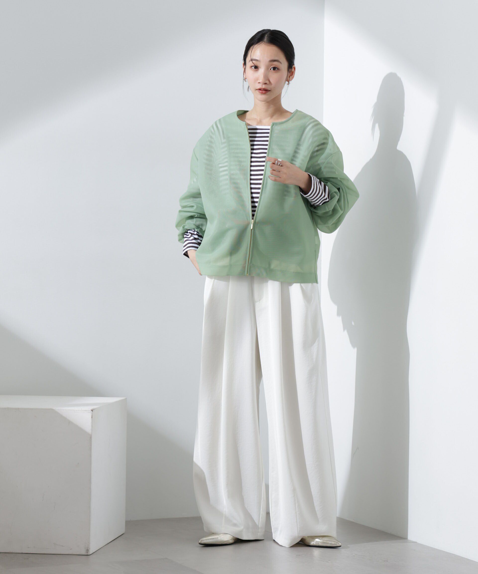 nano･universe「シアーダンボールカットノーカラーZIPupジャケット」|テーラードジャケット|