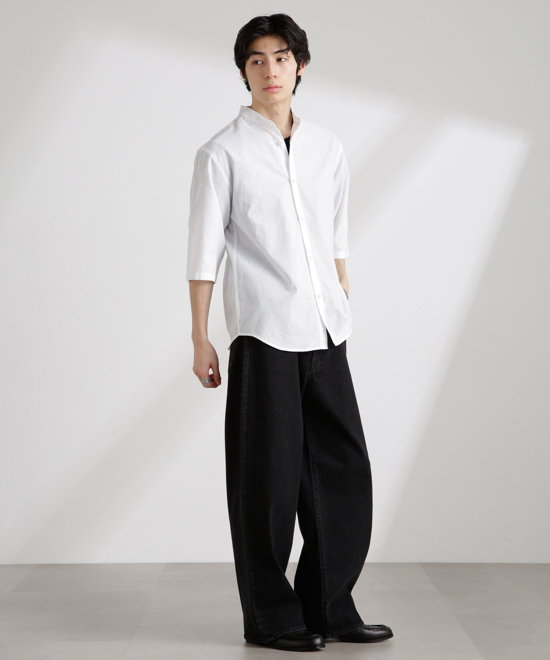 nano･universe「クールマックスリネンバンドカラー7分袖」|シャツ・ブラウス|