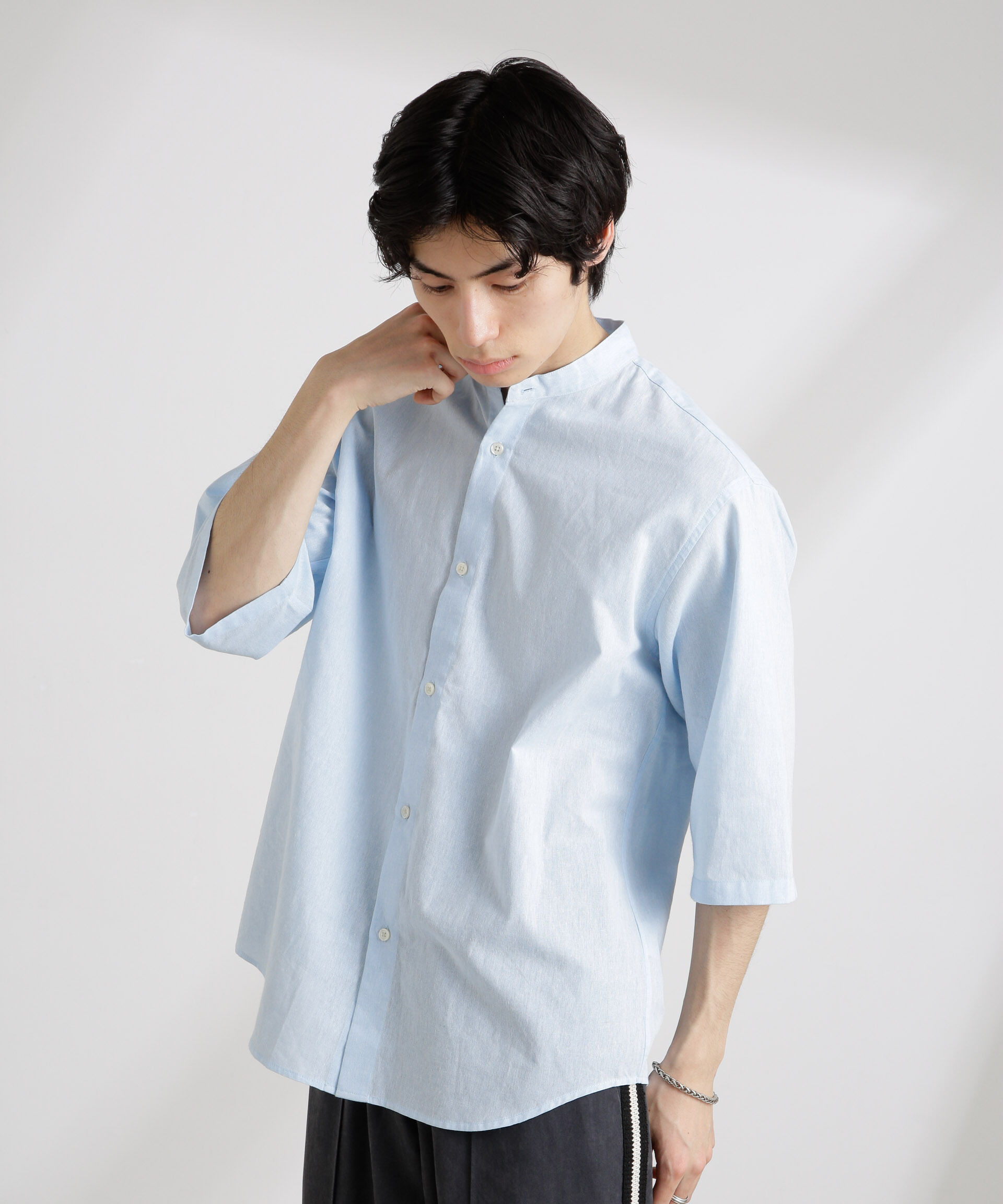 nano･universe「クールマックスリネンバンドカラー7分袖」|シャツ・ブラウス|