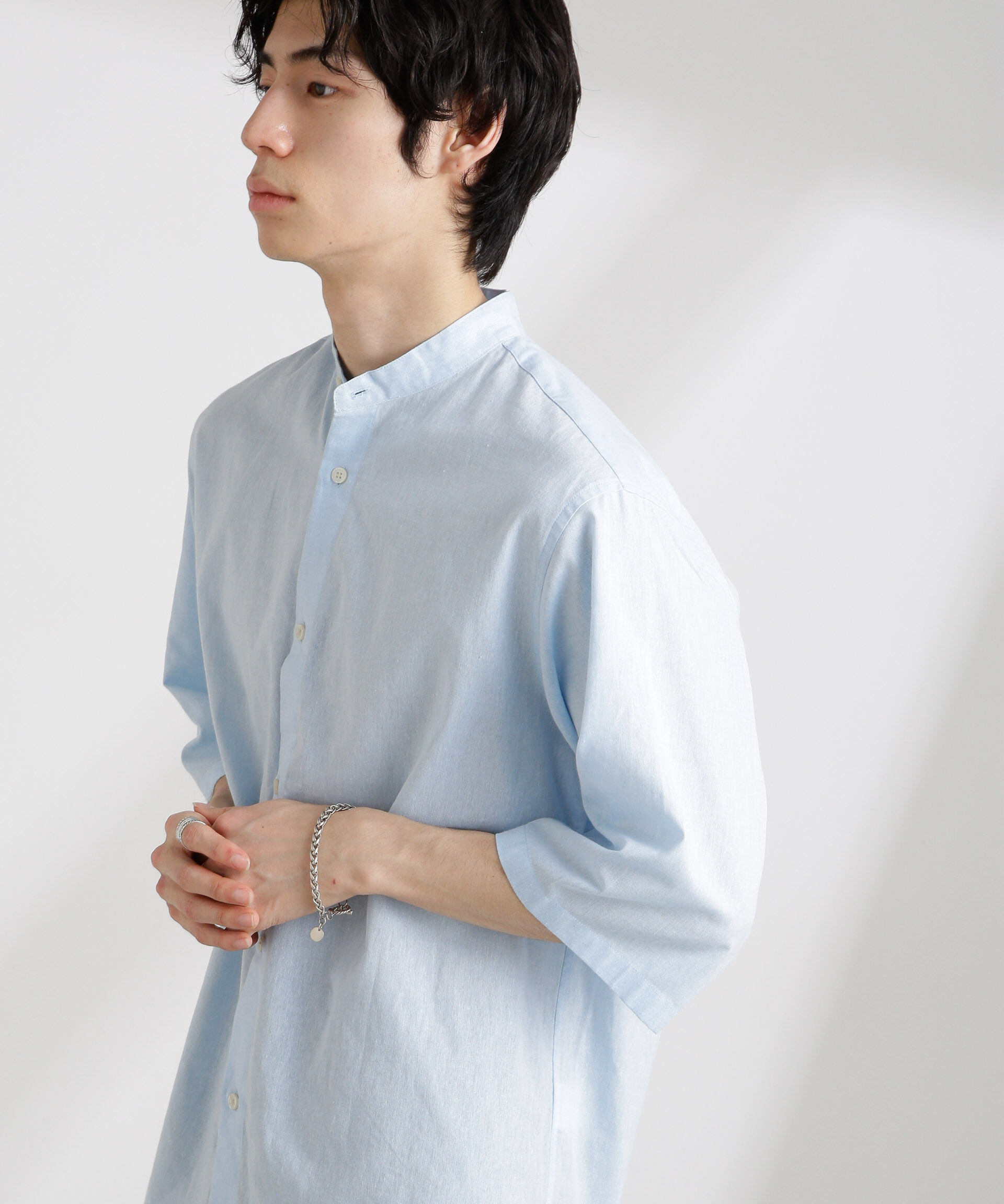 nano･universe「クールマックスリネンバンドカラー7分袖」|シャツ・ブラウス|