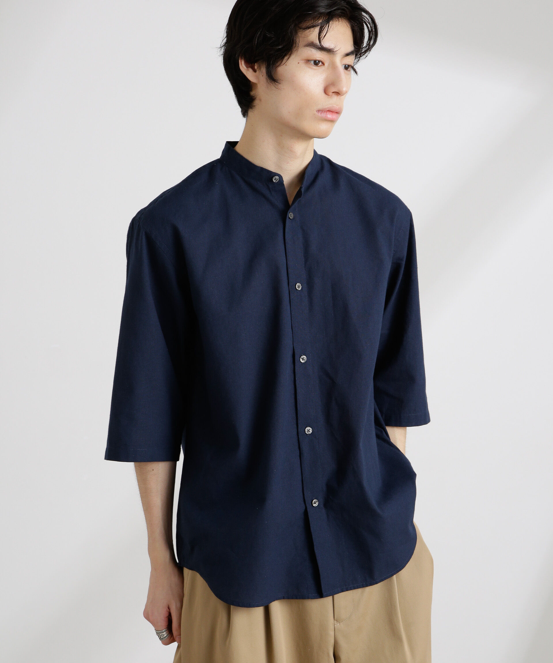 nano･universe「クールマックスリネンバンドカラー7分袖」|シャツ・ブラウス|