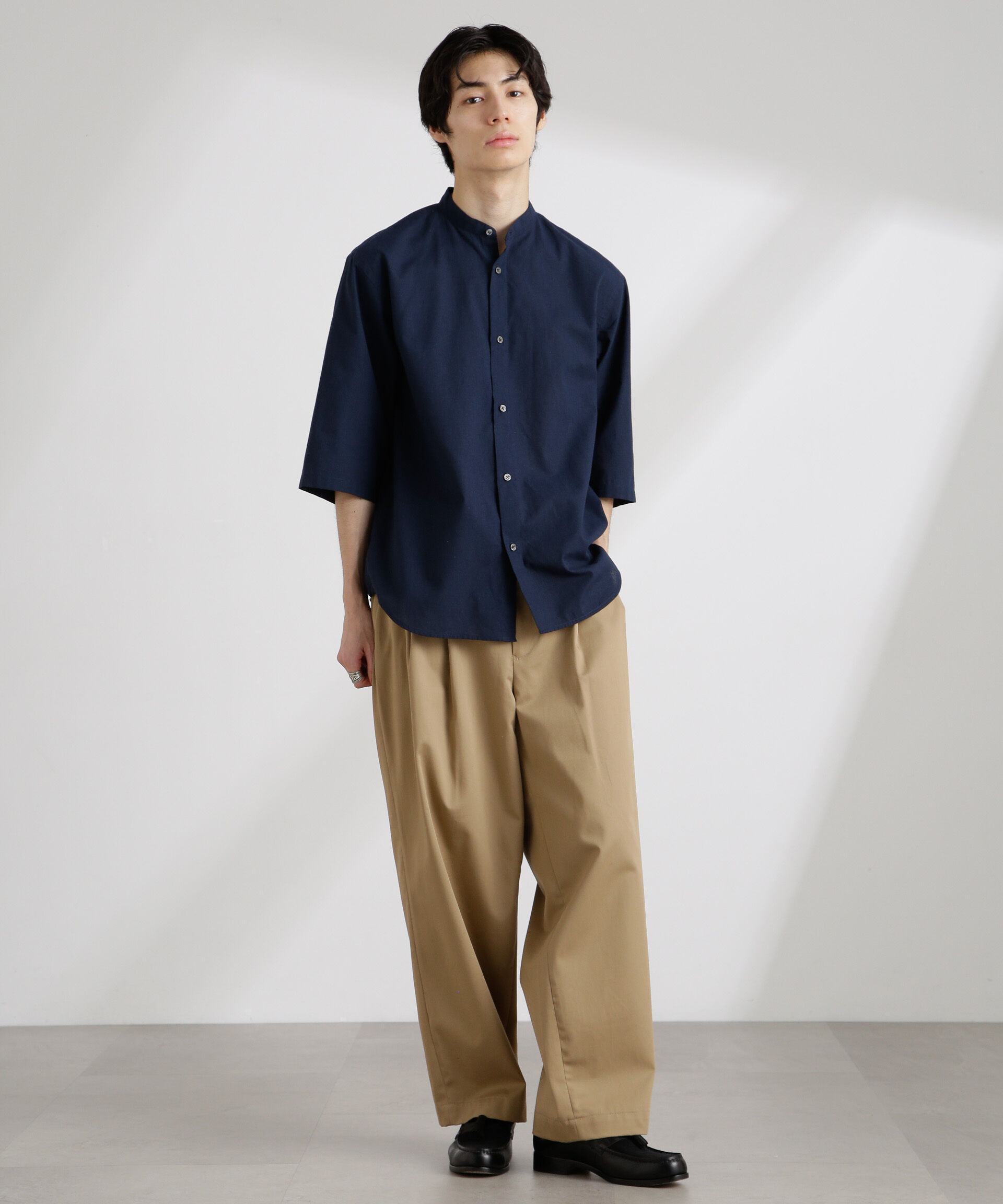 nano･universe「クールマックスリネンバンドカラー7分袖」|シャツ・ブラウス|