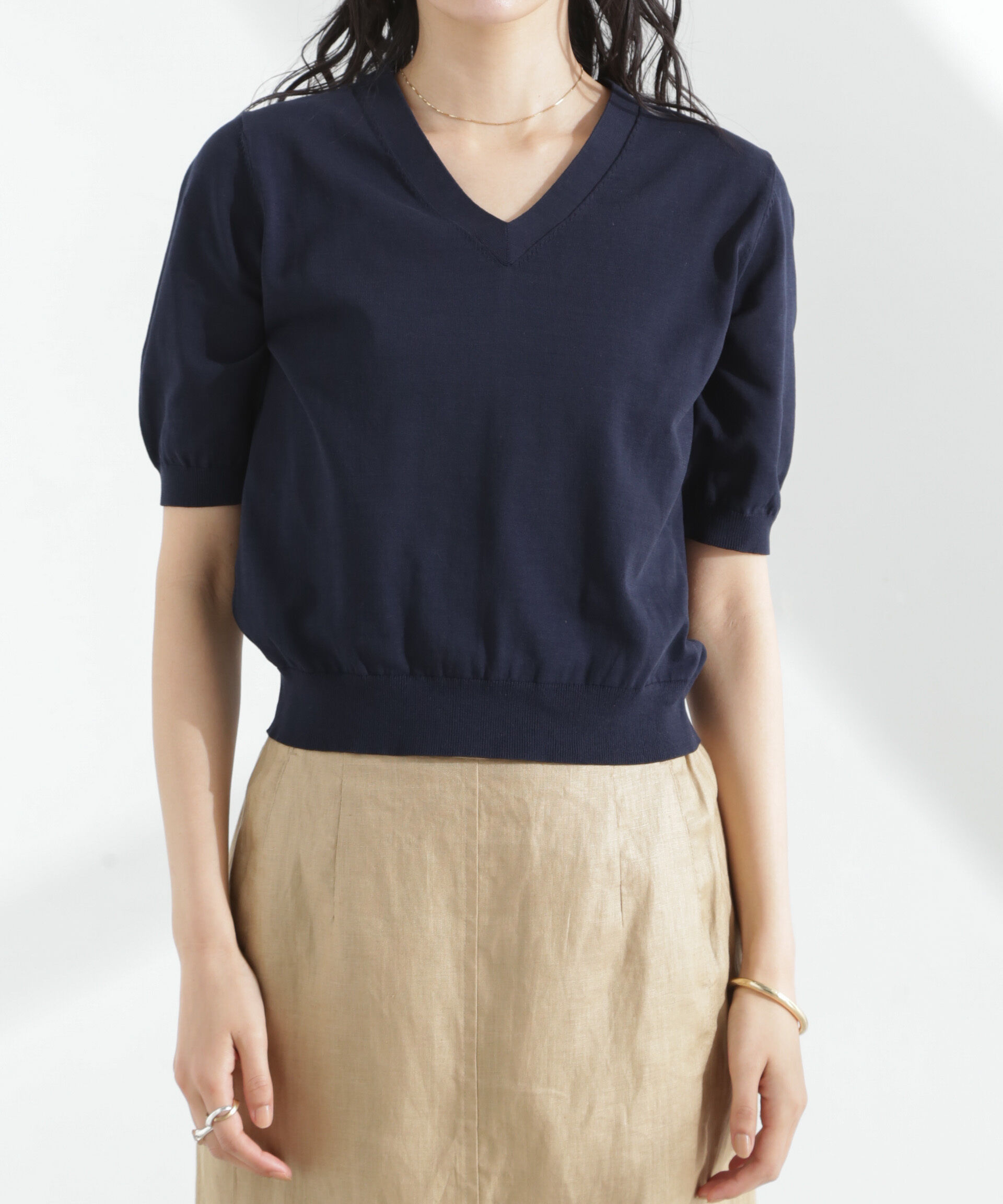 nano･universe「TEKNICO GIZAコットンVネックコンパクトニット」|ニット・セーター|