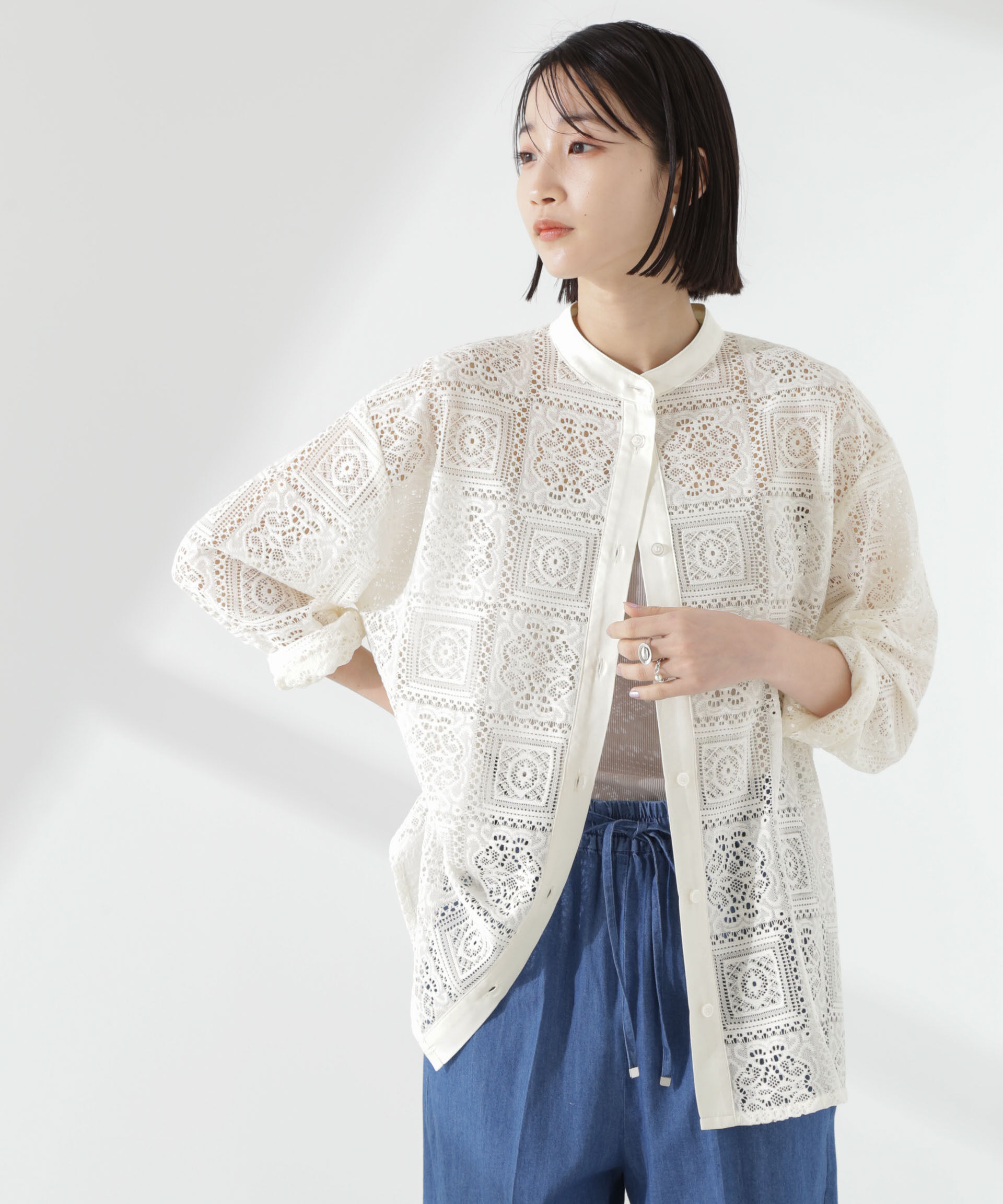 nano･universe「バンドカラーレースシャツ (セットアップ可)」|シャツ・ブラウス|