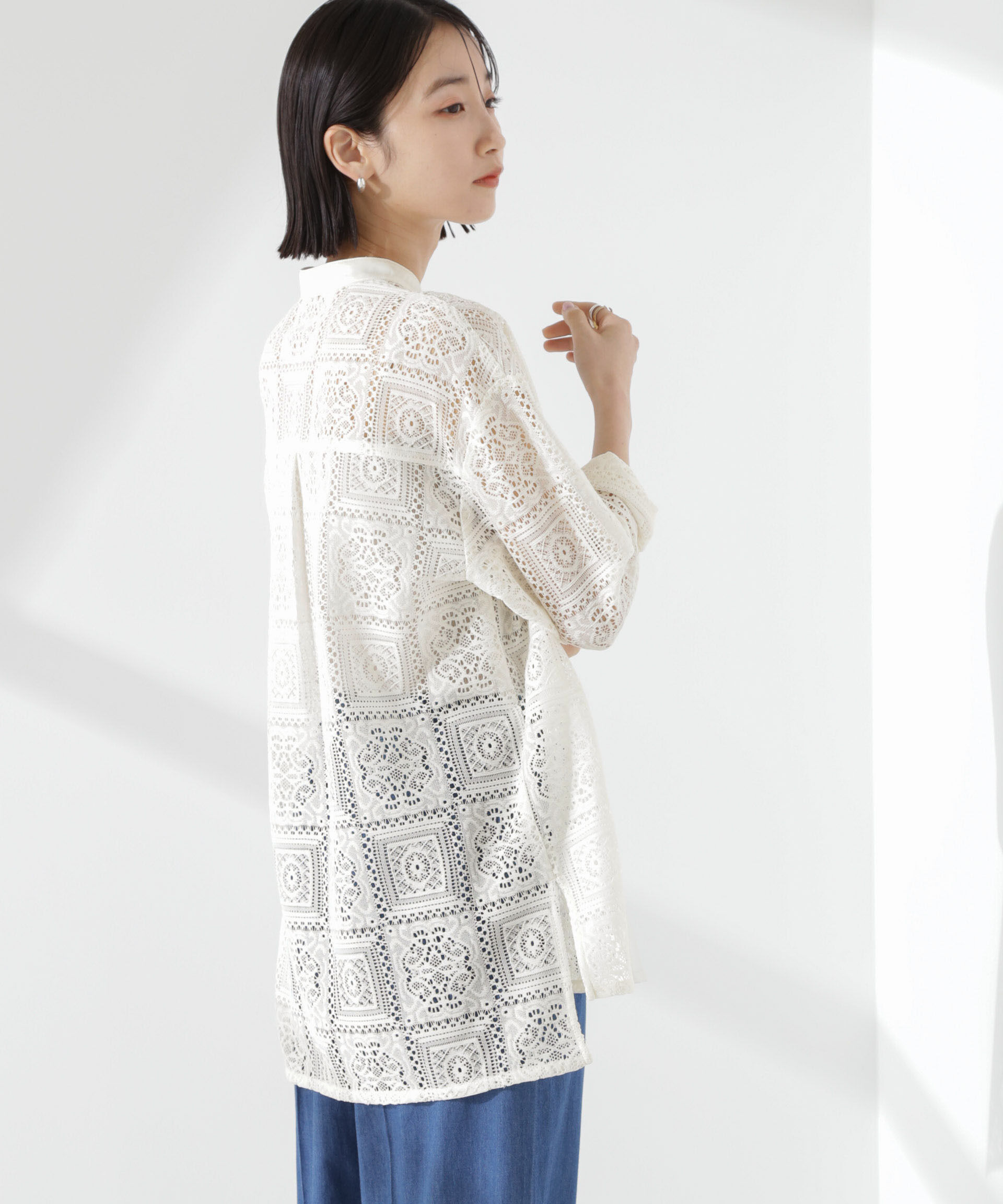 nano･universe「バンドカラーレースシャツ (セットアップ可)」|シャツ・ブラウス|