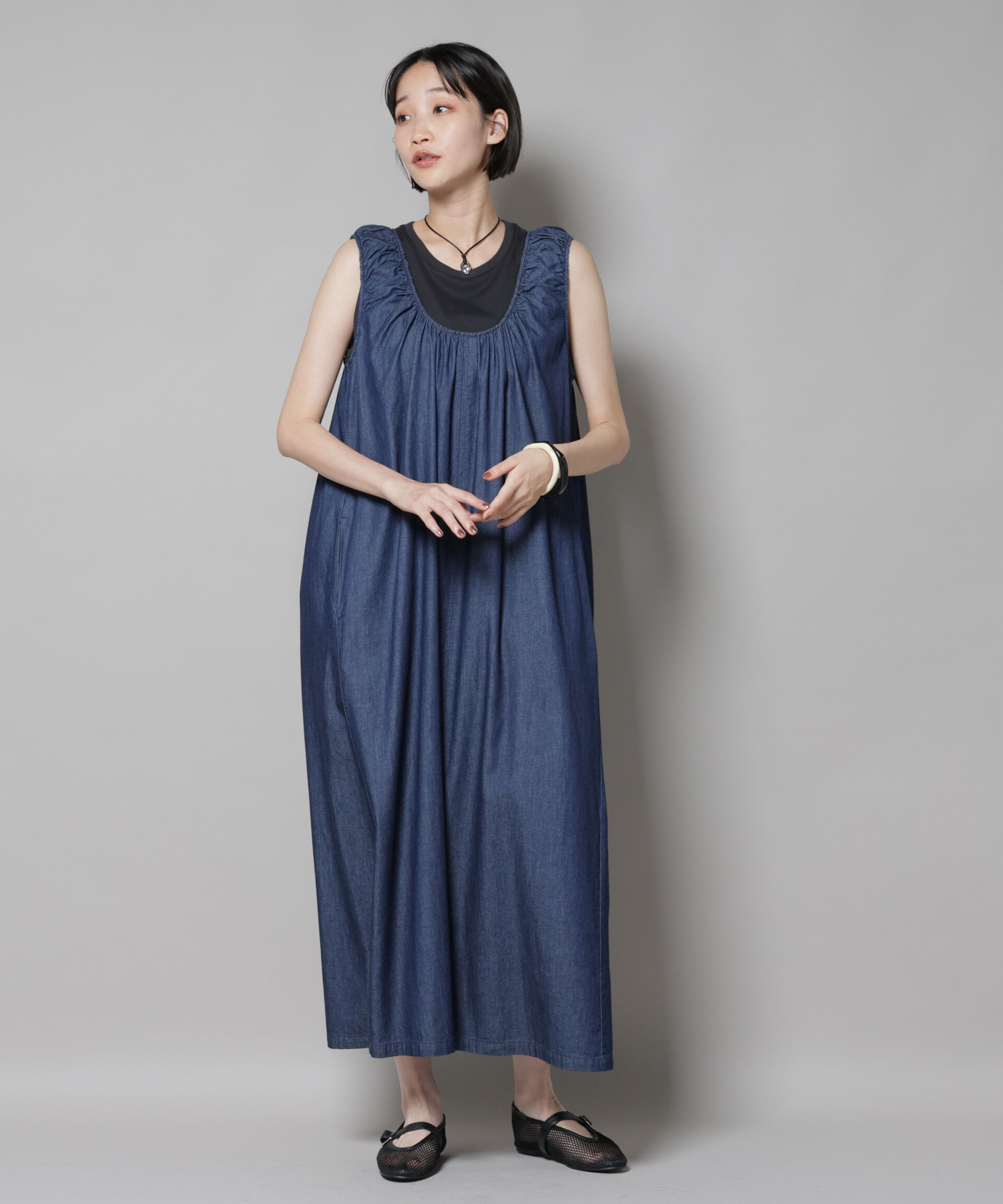 nano･universe「ギャザーデザインフレアデニムワンピース」|ワンピース|