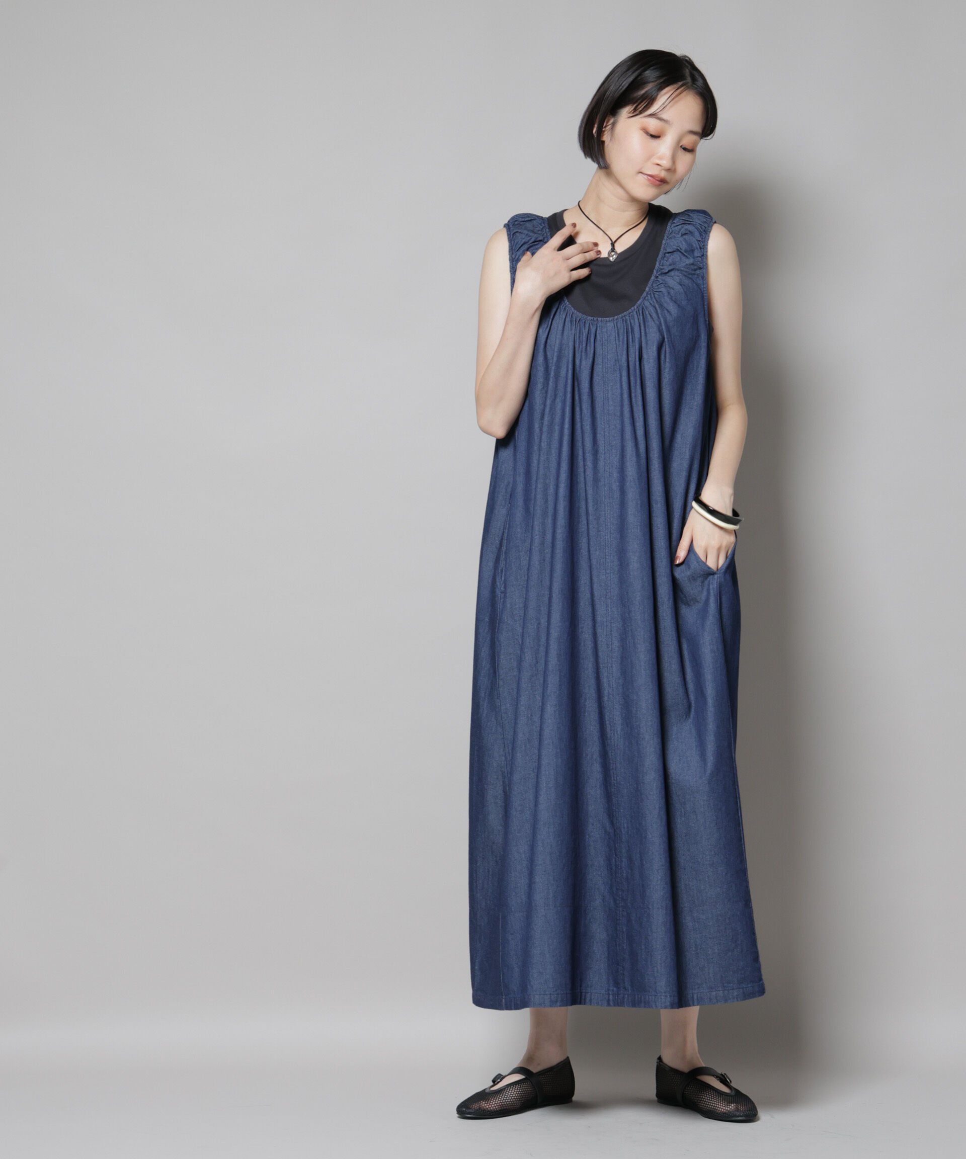 nano･universe「ギャザーデザインフレアデニムワンピース」|ワンピース|