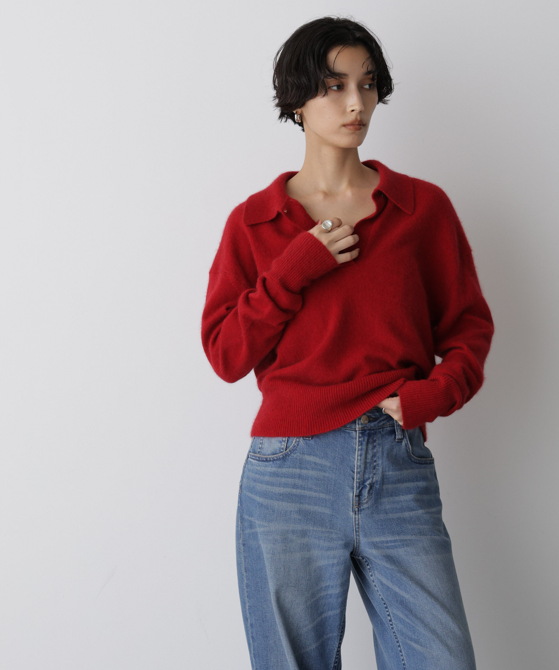  「「STEVELOUR」スキッパーポロ衿ソフトタッチニット」|ニット・セーター|レッド