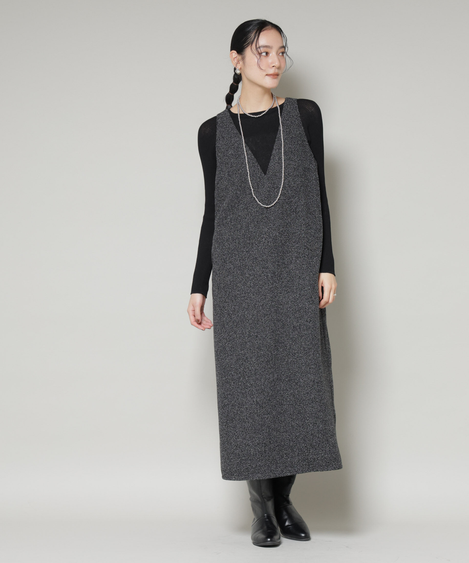 nano･universe「ツイードIラインワンピース&times;シアーリブニットセット」|ワンピース|ブラック