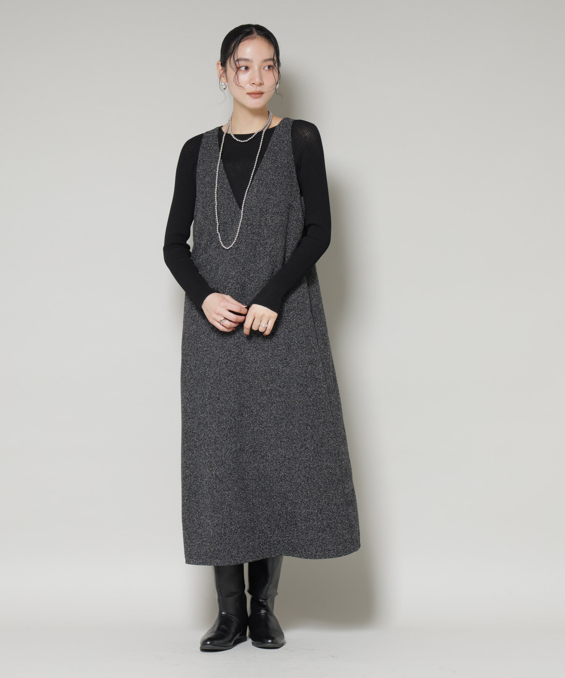 nano･universe「ツイードIラインワンピース&times;シアーリブニットセット」|ワンピース|