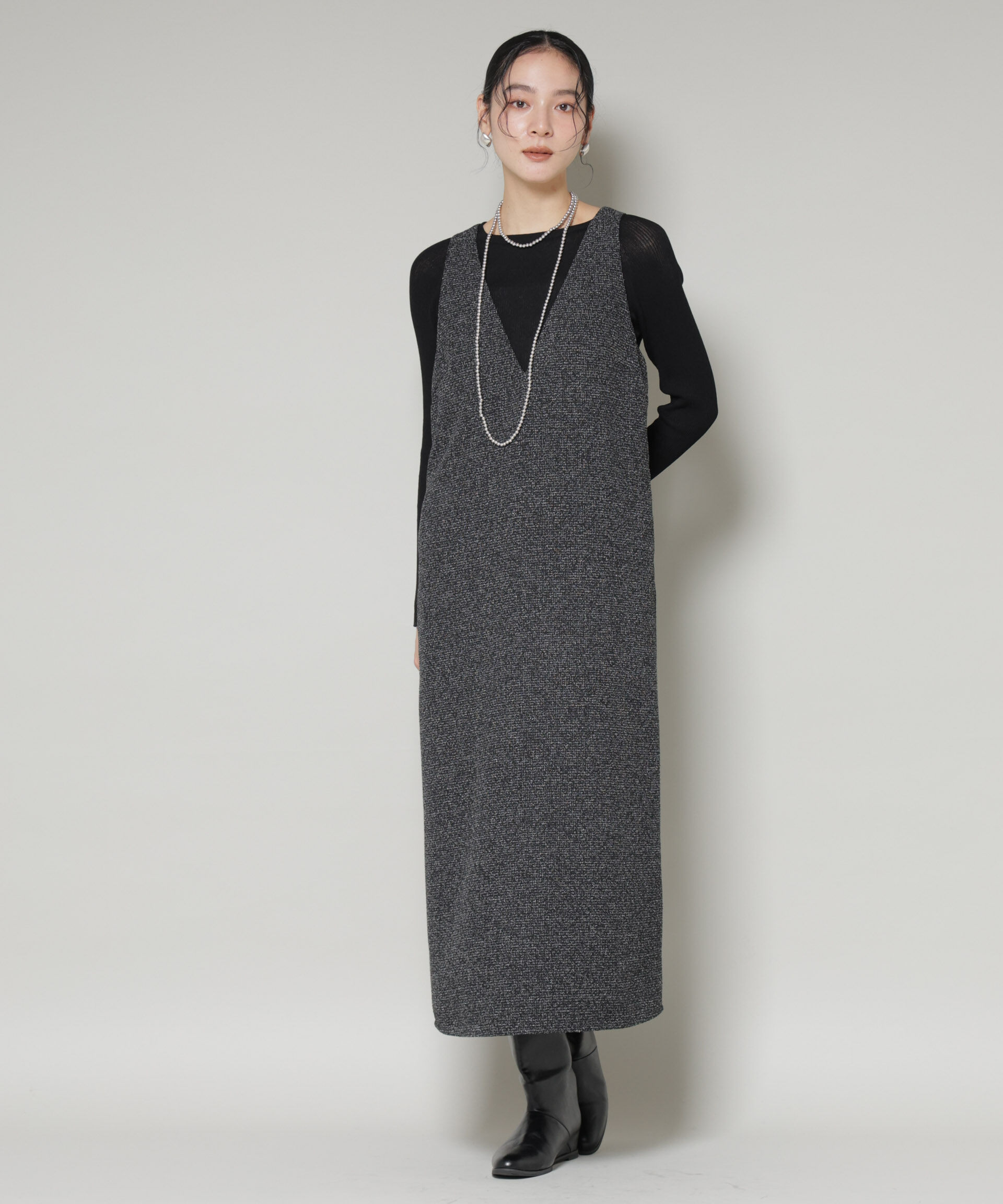 nano･universe「ツイードIラインワンピース&times;シアーリブニットセット」|ワンピース|