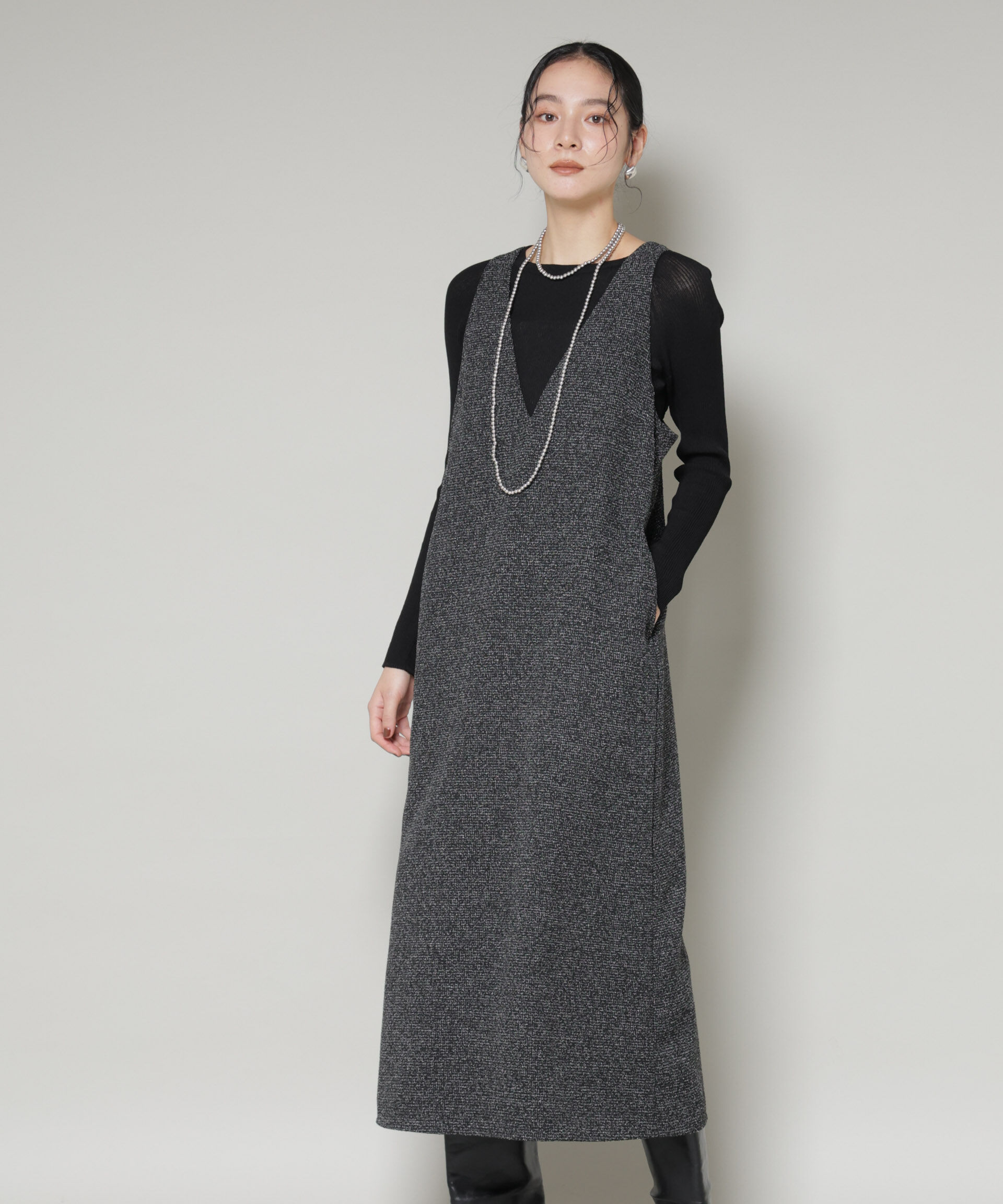 nano･universe「ツイードIラインワンピース&times;シアーリブニットセット」|ワンピース|