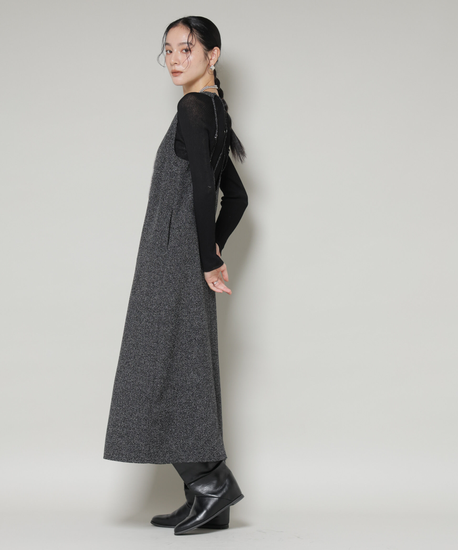 nano･universe「ツイードIラインワンピース&times;シアーリブニットセット」|ワンピース|