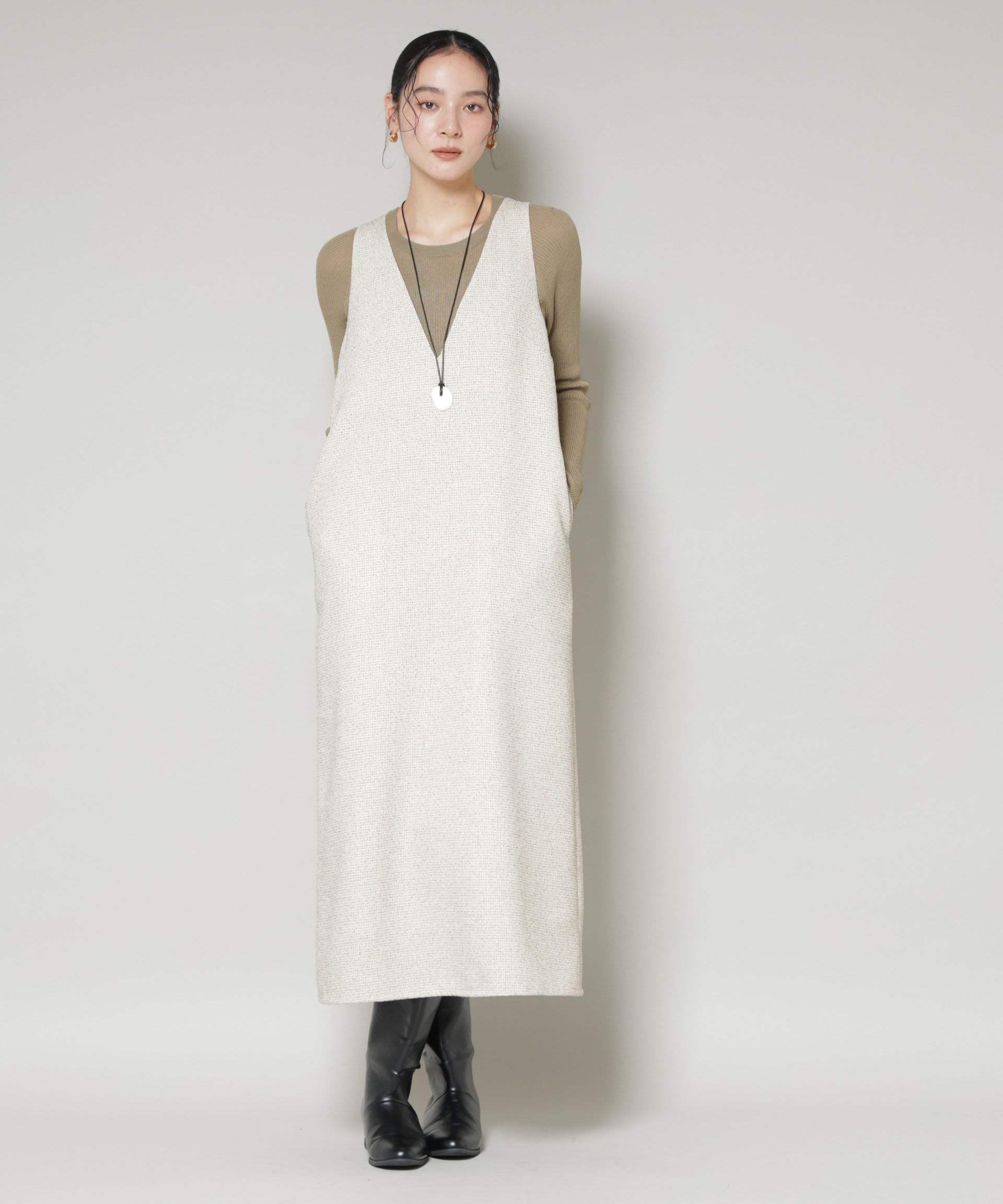 nano･universe「ツイードIラインワンピース&times;シアーリブニットセット」|ワンピース|