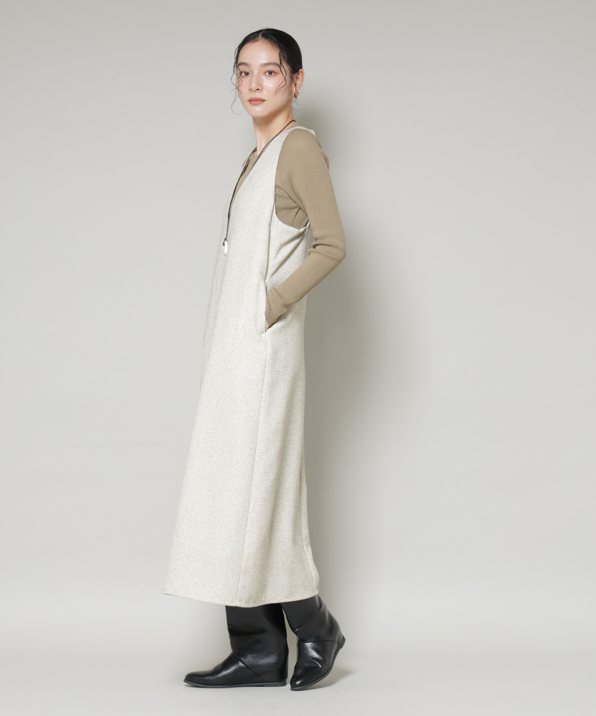 nano･universe「ツイードIラインワンピース&times;シアーリブニットセット」|ワンピース|