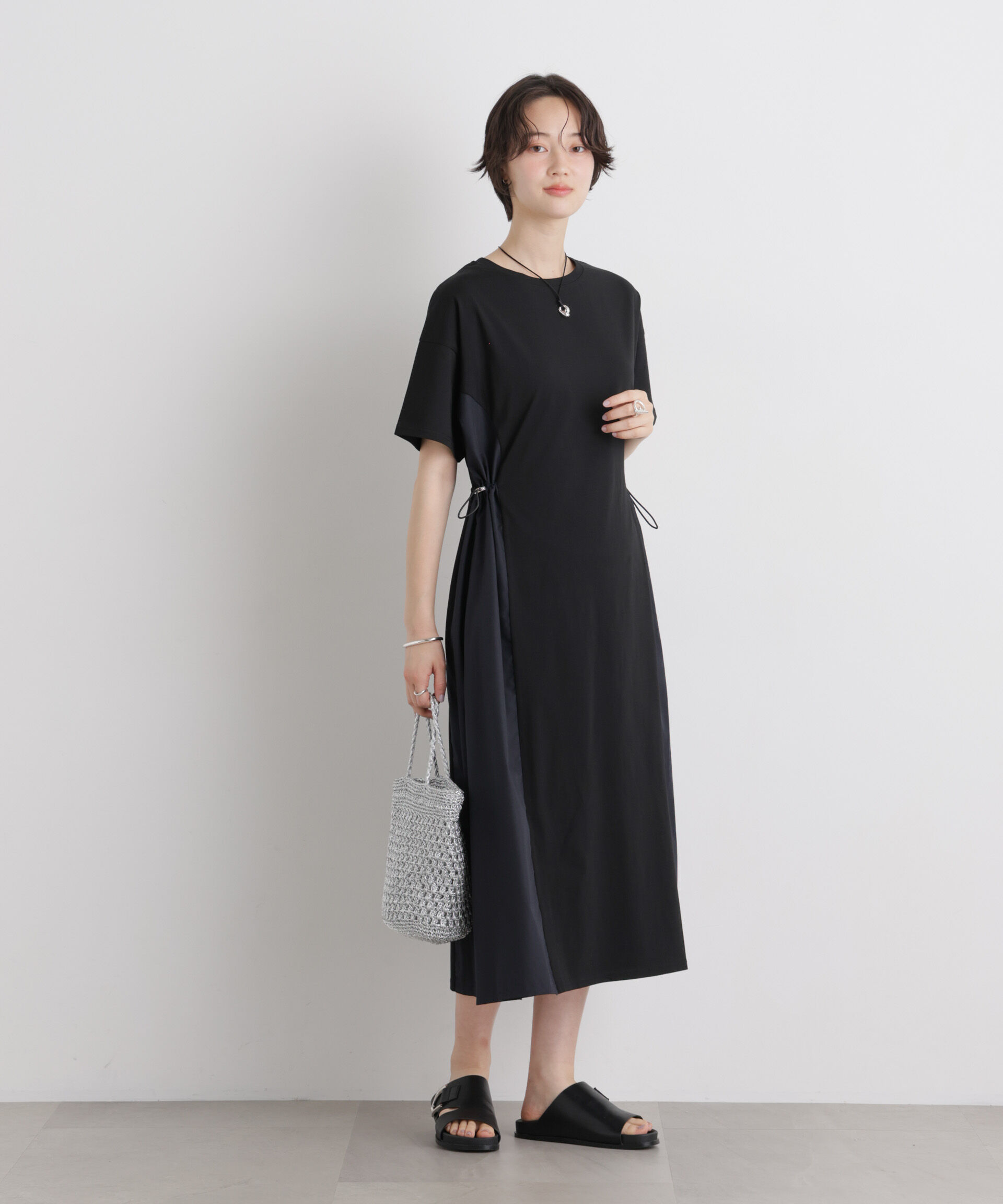 nano･universe「サイドバイカラーギャザー布帛コンビカットワンピース」|ワンピース|