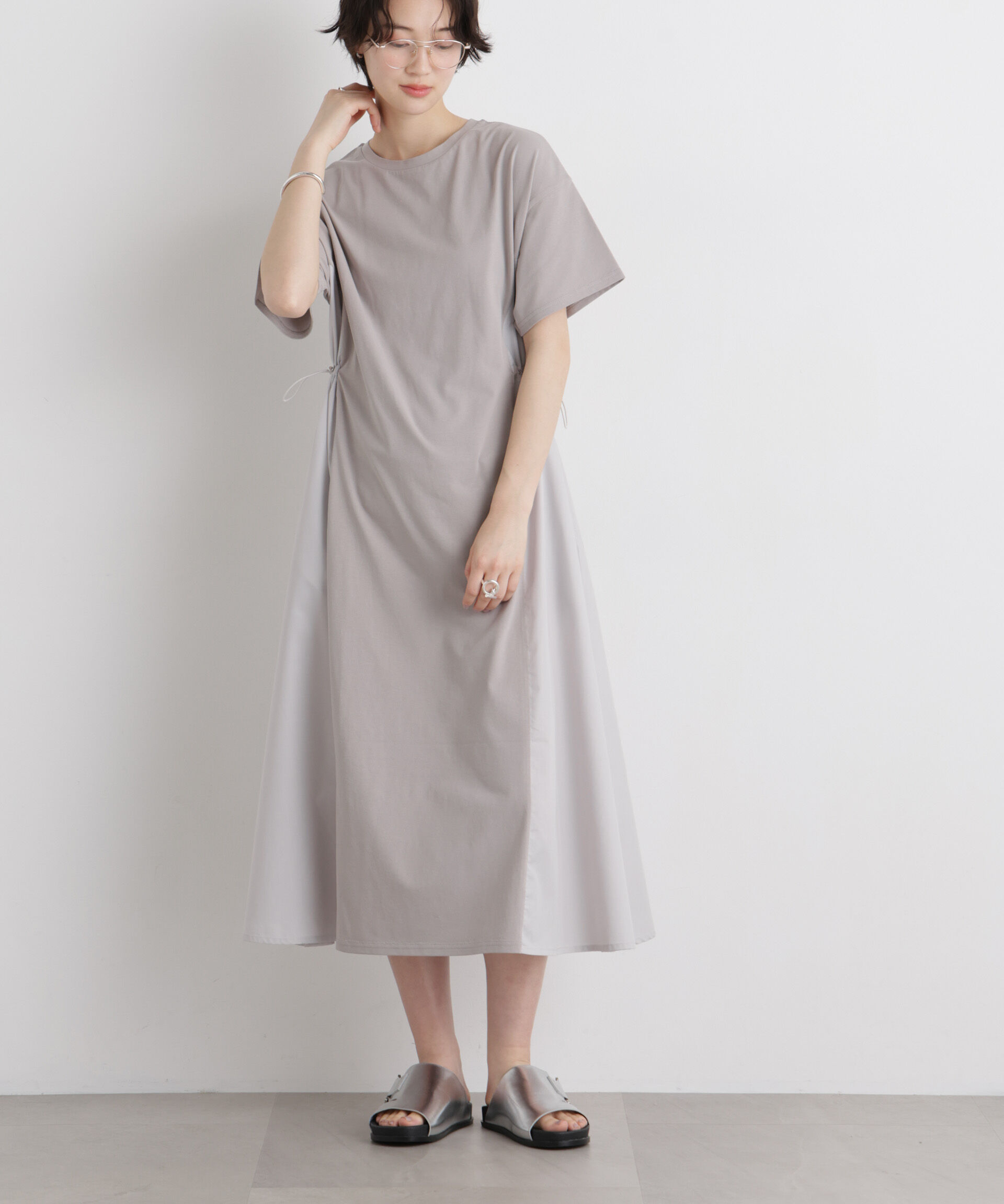 nano･universe「サイドバイカラーギャザー布帛コンビカットワンピース」|ワンピース|