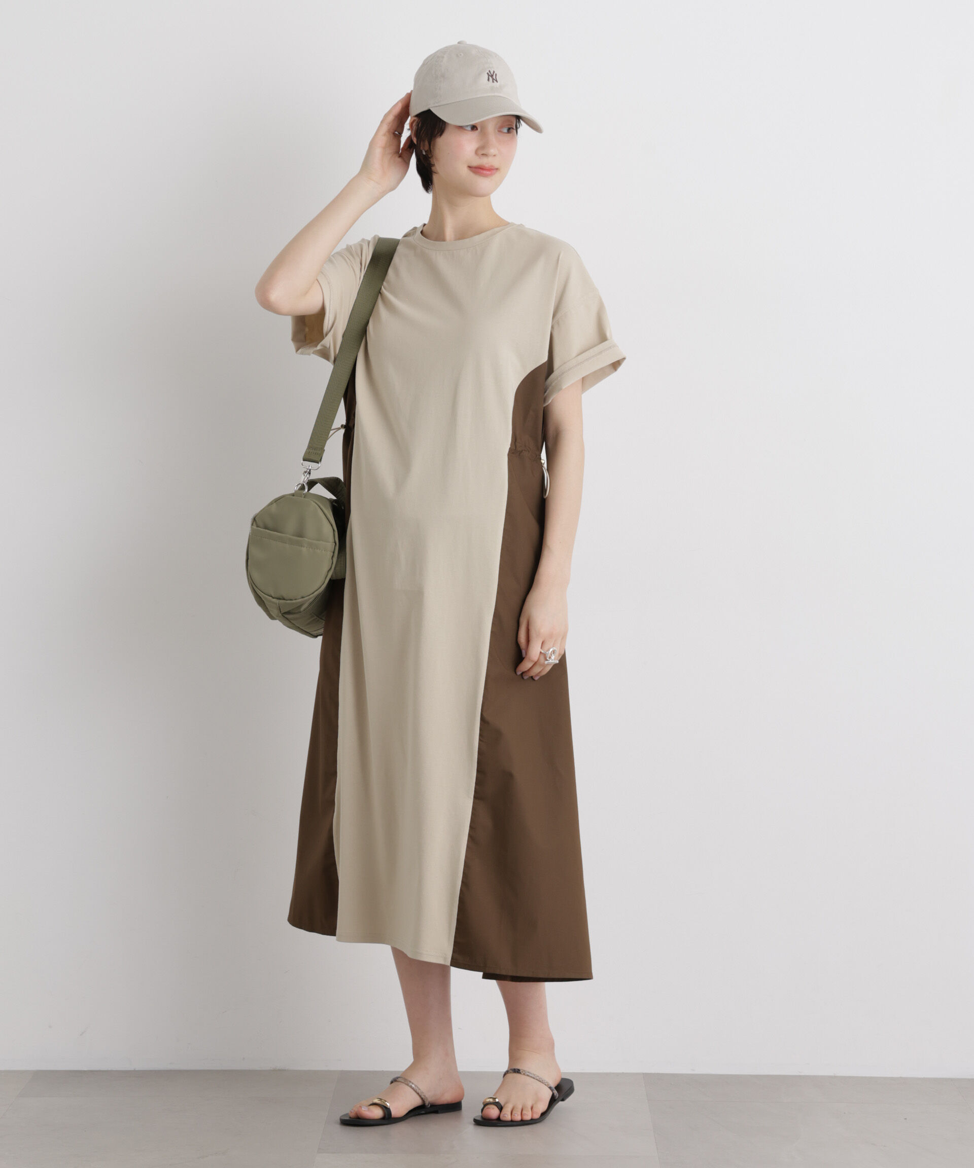 nano･universe「サイドバイカラーギャザー布帛コンビカットワンピース」|ワンピース|