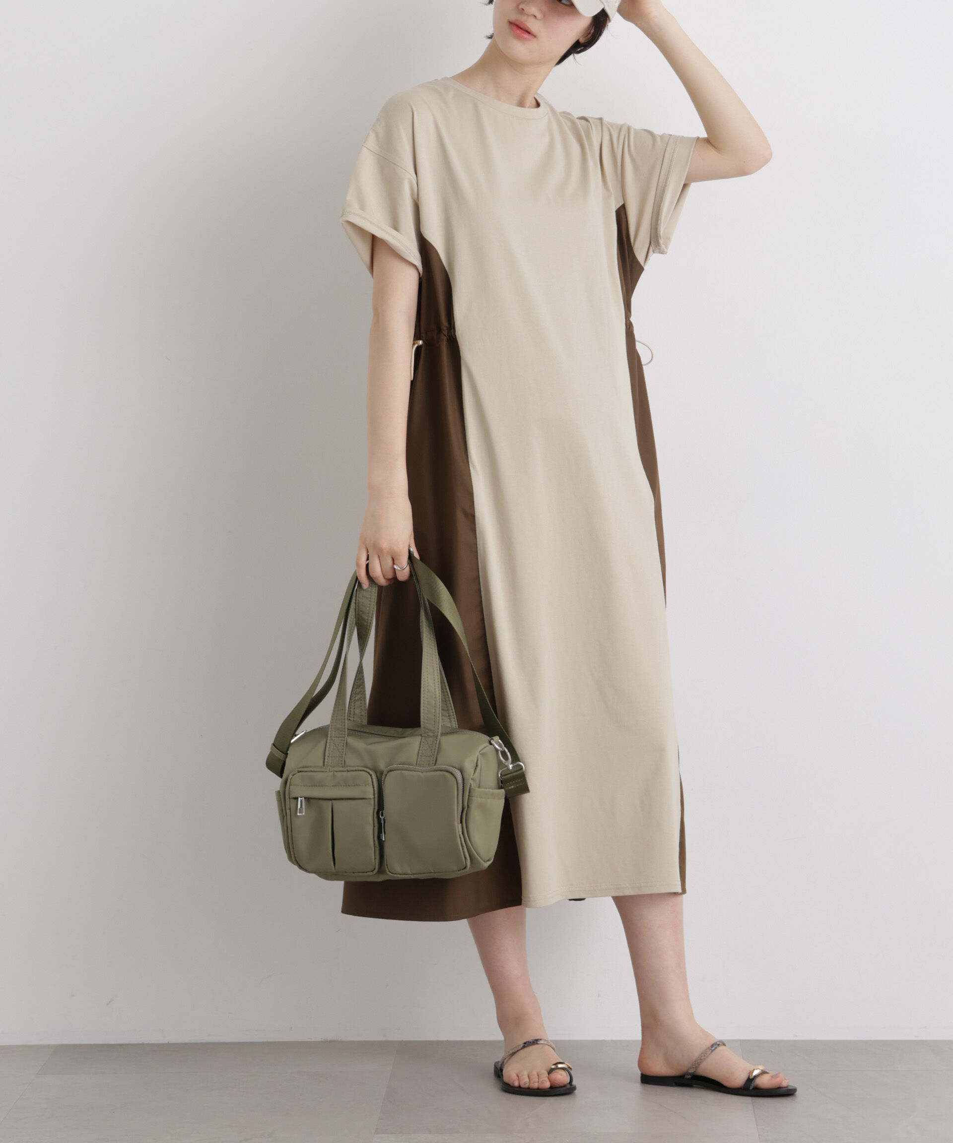 nano･universe「サイドバイカラーギャザー布帛コンビカットワンピース」|ワンピース|