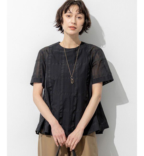 23区「シアーチェックレイヤード フレア Tブラウス」|シャツ・ブラウス|ブラック系